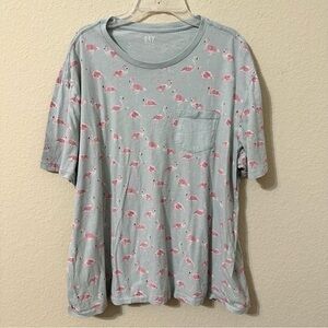 Gap T-Shirt Gray Pink Flamingo Print Short Sleeve Shirt Front Pocket Summer